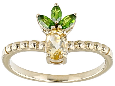 Yellow Citrine with Chrome Diopside 18k Yellow Gold Silver Pineapple Ring 0.72ctw