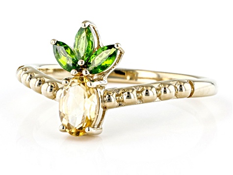 Yellow Citrine with Chrome Diopside 18k Yellow Gold Silver Pineapple Ring 0.72ctw