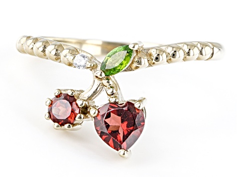 Red Garnet with Chrome Diopside & White Zircon 18k Yellow Gold Over Silver Cherry Ring 0.67ctw