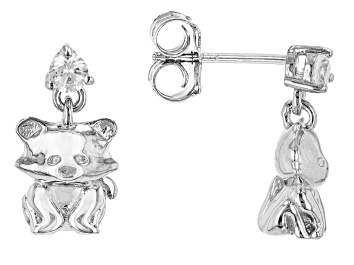 Picture of White Zircon Rhodium Over Sterling Silver Dangle Cat Earrings 0.29ctw