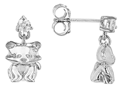 White Zircon Rhodium Over Sterling Silver Dangle Cat Earrings 0.29ctw