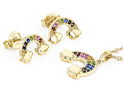 Multi-Gem 18K Yellow Gold Over Sterling Silver Rainbow Pendant With Chain And Earring Set 0.47ctw