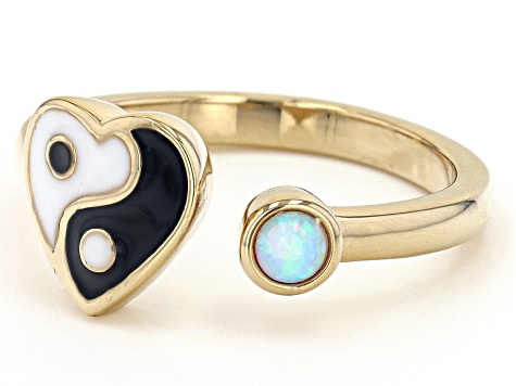 Lab Created White Opal And Enamel 18k Yellow Gold Over Sterling Silver Ring 0.05ctw