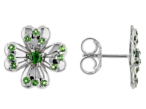 Green Chrome Diopside Rhodium Over Sterling Silver Four Leaf Clover Stud Earrings 0.62ctw