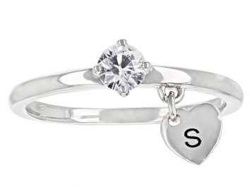 Picture of White Zircon Rhodium Over Sterling Silver Heart Charm Initial "S" Ring 0.35ct