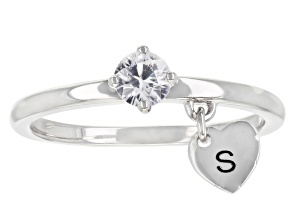 White Zircon Rhodium Over Sterling Silver Heart Charm Initial "S" Ring 0.35ct
