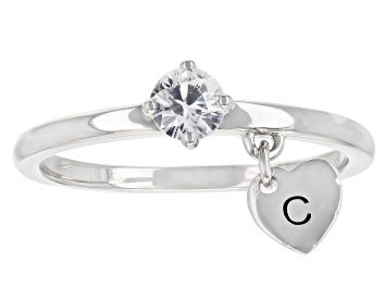 Picture of White Zircon Rhodium Over Sterling Silver Heart Charm Initial "C" Ring 0.35ct