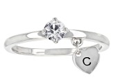 White Zircon Rhodium Over Sterling Silver Heart Charm Initial "C" Ring 0.35ct