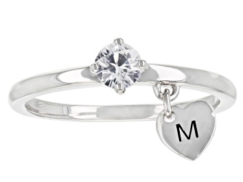 Picture of White Zircon Rhodium Over Sterling Silver Heart Charm Initial "M" Ring 0.35ct