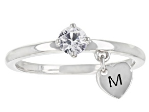 White Zircon Rhodium Over Sterling Silver Heart Charm Initial "M" Ring 0.35ct