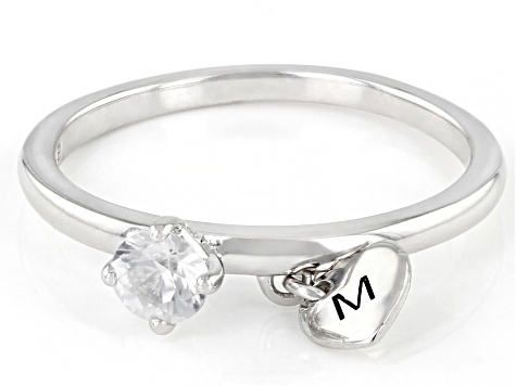 White Zircon Rhodium Over Sterling Silver Heart Charm Initial "M" Ring 0.35ct