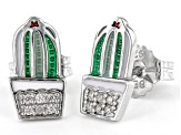 White Zircon Rhodium Over Sterling Silver Cactus Succulent Stud Earrings 0.15ctw
