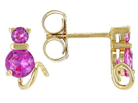 Pink Lab Created Sapphire 18k Yellow Gold Over Sterling Silver Cat Stud Earrings 1.32ctw