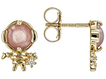 Picture of Pink Rose Quartz 18k Yellow Gold Over Sterling Silver Astronaut Stud Earrings .04ctw