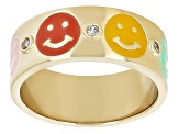 White Zircon & Multi Color Enamel 18k Yellow Gold Over Sterling Silver Smile Band Ring 0.06ctw