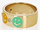 White Zircon & Multi Color Enamel 18k Yellow Gold Over Sterling Silver Smile Band Ring 0.06ctw