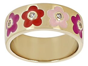 White Zircon & Multi Color Enamel 18k Yellow Gold Over Sterling Silver Flower Band Ring 0.08ctw