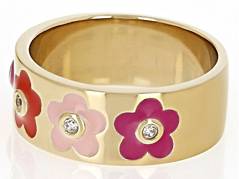 White Zircon & Multi Color Enamel 18k Yellow Gold Over Sterling Silver Flower Band Ring 0.08ctw