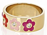 White Zircon & Multi Color Enamel 18k Yellow Gold Over Sterling Silver Flower Band Ring 0.08ctw