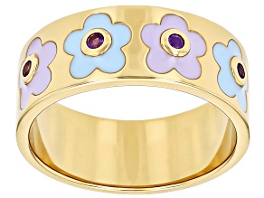 Purple Amethyst And Multi-Color Enamel 18k Yellow Gold Over Sterling Silver Flower Band Ring 0.03ctw