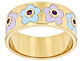 Purple Amethyst And Multi-Color Enamel 18k Yellow Gold Over Sterling Silver Flower Band Ring 0.03ctw