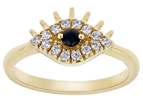 Black Spinel 18k Yellow Gold Over Sterling Silver Evil Eye Ring .38ctw