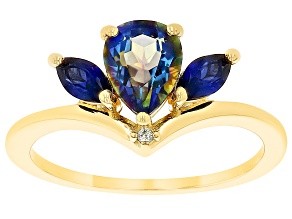Blue Quartz with Lab Blue Sapphire & White Zircon 18k Yellow Gold Over Silver Ring 1.21ctw