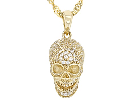 White Lab Created Sapphire 18k Yellow Gold Over Sterling Silver Skull Pendant with Chain .72ctw