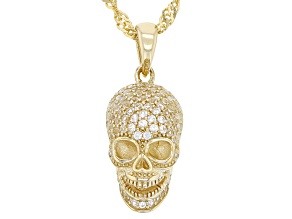 White Lab Created Sapphire 18k Yellow Gold Over Sterling Silver Skull Pendant with Chain .72ctw