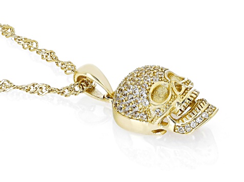 White Lab Created Sapphire 18k Yellow Gold Over Sterling Silver Skull Pendant with Chain .72ctw