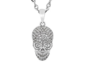 White Lab Created Sapphire Rhodium Over Sterling Silver Skull Pendant With Chain .72ctw