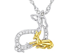 White Zircon Rhodium & 18k Yellow Gold Over Sterling Silver Deer Pendant With Chain .11ctw