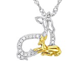 White Zircon Rhodium & 18k Yellow Gold Over Sterling Silver Deer Pendant With Chain .11ctw