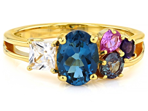 London Blue Topaz with Multi-Gemstone 18k Yellow Gold Over Sterling Silver Ring 2.39ctw