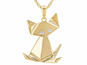 White Zircon 18k Yellow Gold Over Sterling Silver Origami Cat Pendant With Chain 0.09ctw
