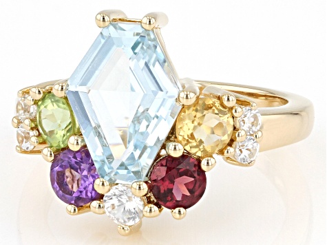 Sky Blue Topaz with Multi-Gemstone 18k Yellow Gold Over Sterling Silver Ring 3.71ctw