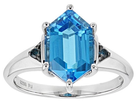 Hexagon Swiss Blue Topaz And Blue Diamond Sterling Silver Ring 3.25ctw