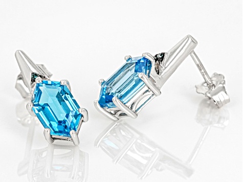 Hexagon Swiss Blue Topaz & .005ctw Blue Diamond Sterling Silver Earrings 2.25ctw
