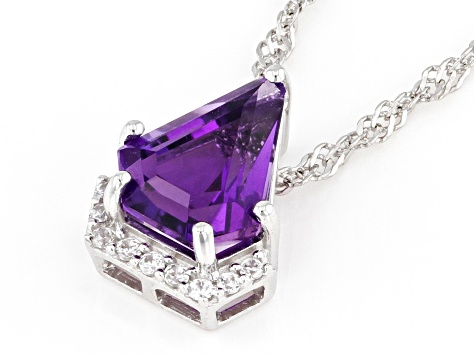 Shield Amethyst and White Zircon Rhodium Over Sterling Silver Pendant With Chain 1.78ctw