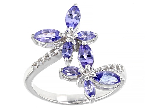 Tanzanite With White Zircon Rhodium Over Sterling Silver Butterfly Ring 1.23ctw