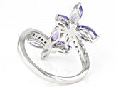 Tanzanite With White Zircon Rhodium Over Sterling Silver Butterfly Ring 1.23ctw
