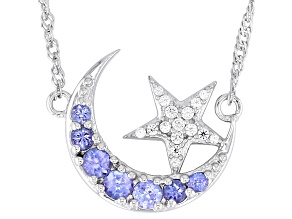 Blue Tanzanite Rhodium Over Sterling Silver Moon & Star Necklace 0.60ctw