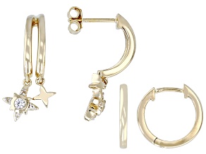 White Lab Sapphire Star & Solid 18k Yellow Gold Over Sterling Silver Hoop Earring Set 0.15ctw