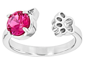Pink Lab Created Sapphire Rhodium Over Sterling Silver Cat Hug Cuff Ring 1.46ctw