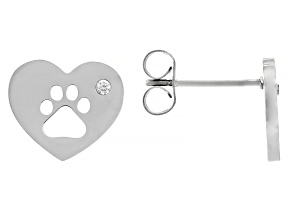 White Zircon Stainless Steel Heart & Paw Print Stud Earrings 0.02ctw