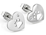 White Zircon Stainless Steel Heart & Paw Print Stud Earrings 0.02ctw