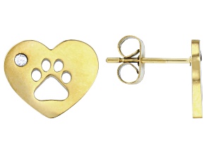 White Zircon 18k Yellow Gold Over Stainless Steel Heart & Paw Print Stud Earrings 0.02ctw