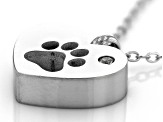 White Zircon Stainless Steel Heart & Paw Print Pendant With Chain .02ct