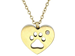 White Zircon 18k Yellow Gold Over Stainless Steel Heart & Paw Print Pendant With Chain 0.02ct