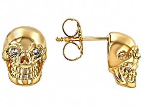 White Lab Created Sapphire 18k Yellow Gold Over Brass Skull Stud Earrings 0.07ctw